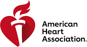 The american heart association logo is a red heart with a torch on it.