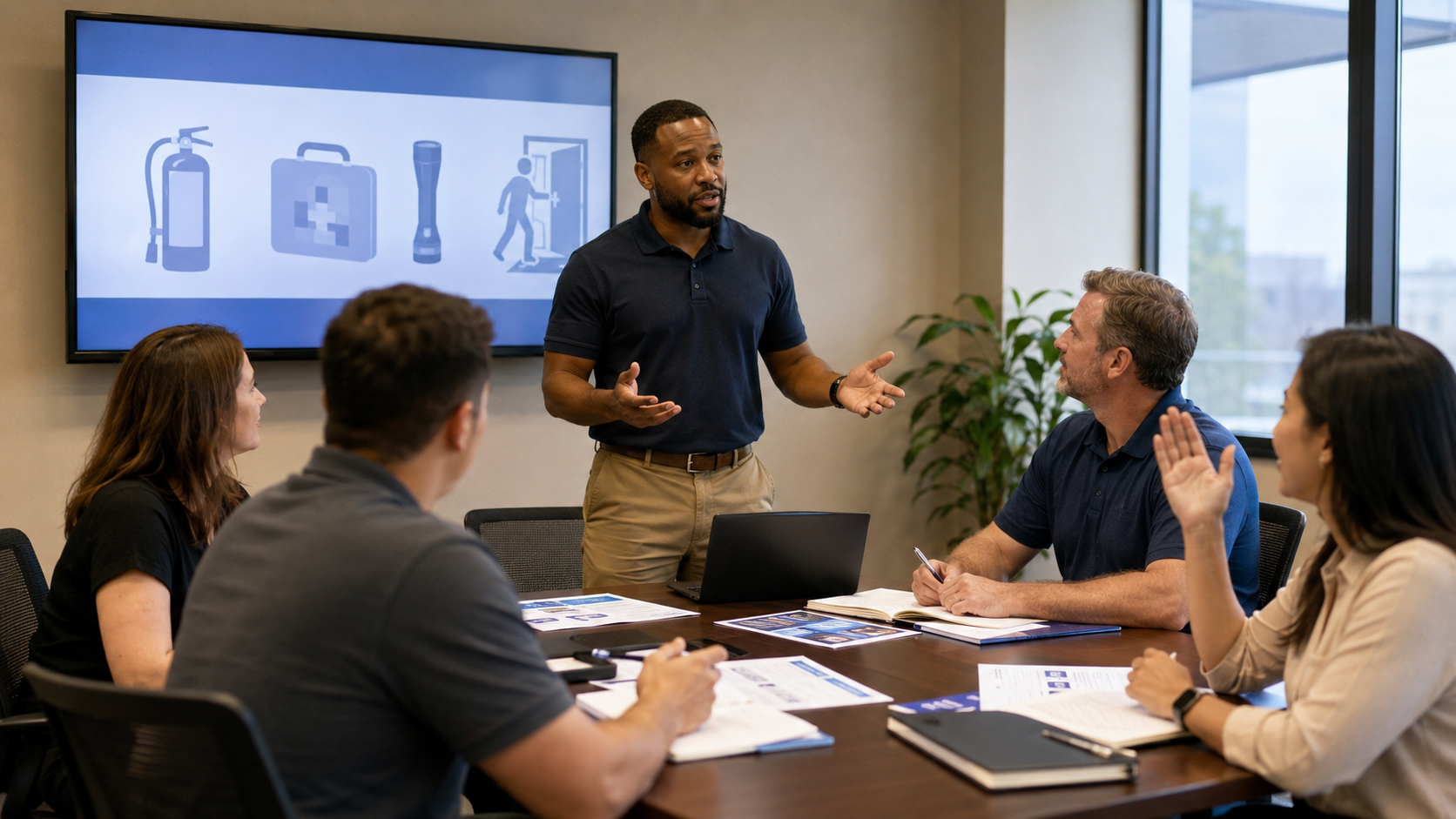Safety instructor leading an emergency preparedness discussion with employees during a workplace training session