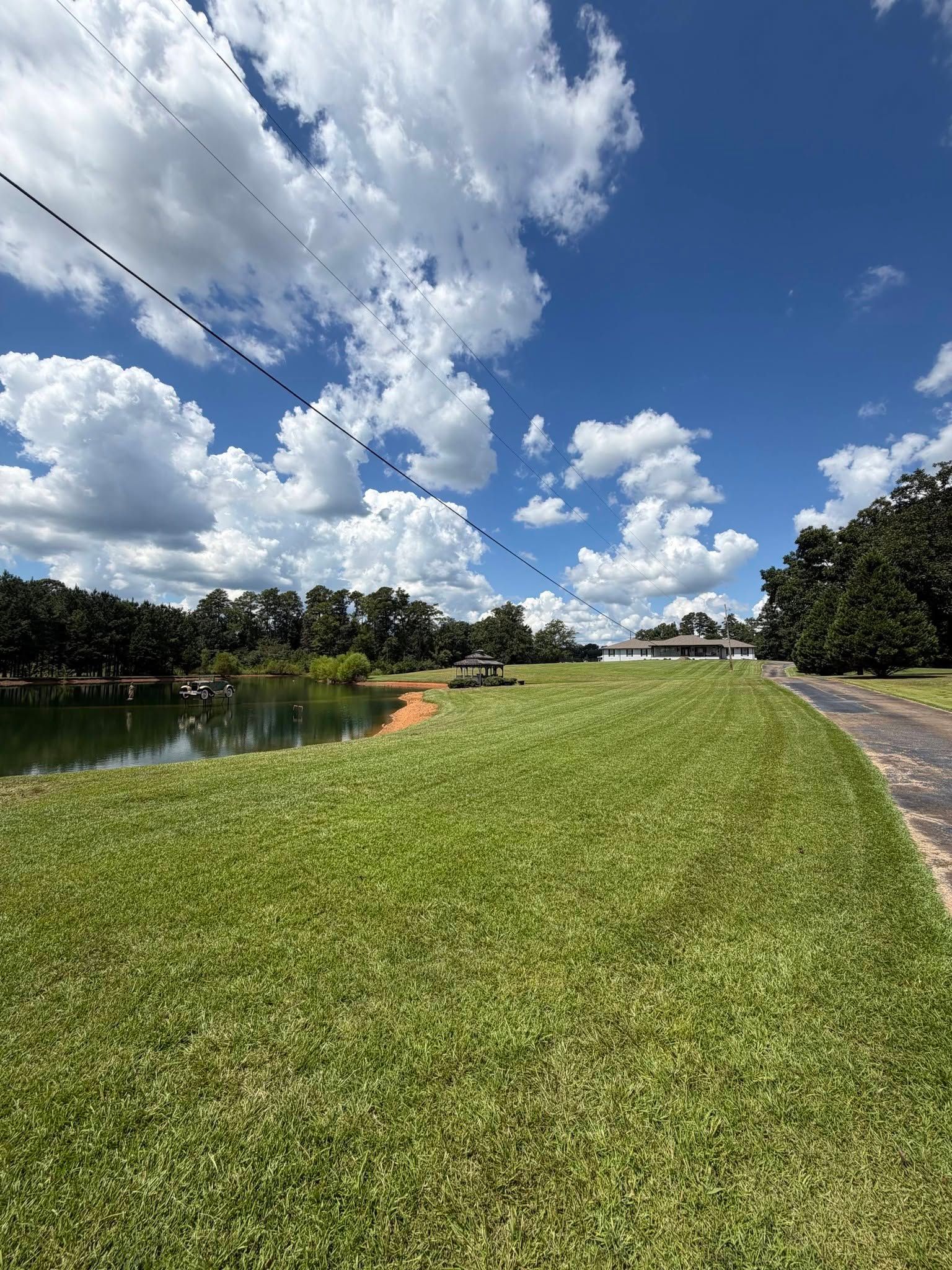 Wide grassy bank beside a pond and road under a bright blue sky with large white clouds
