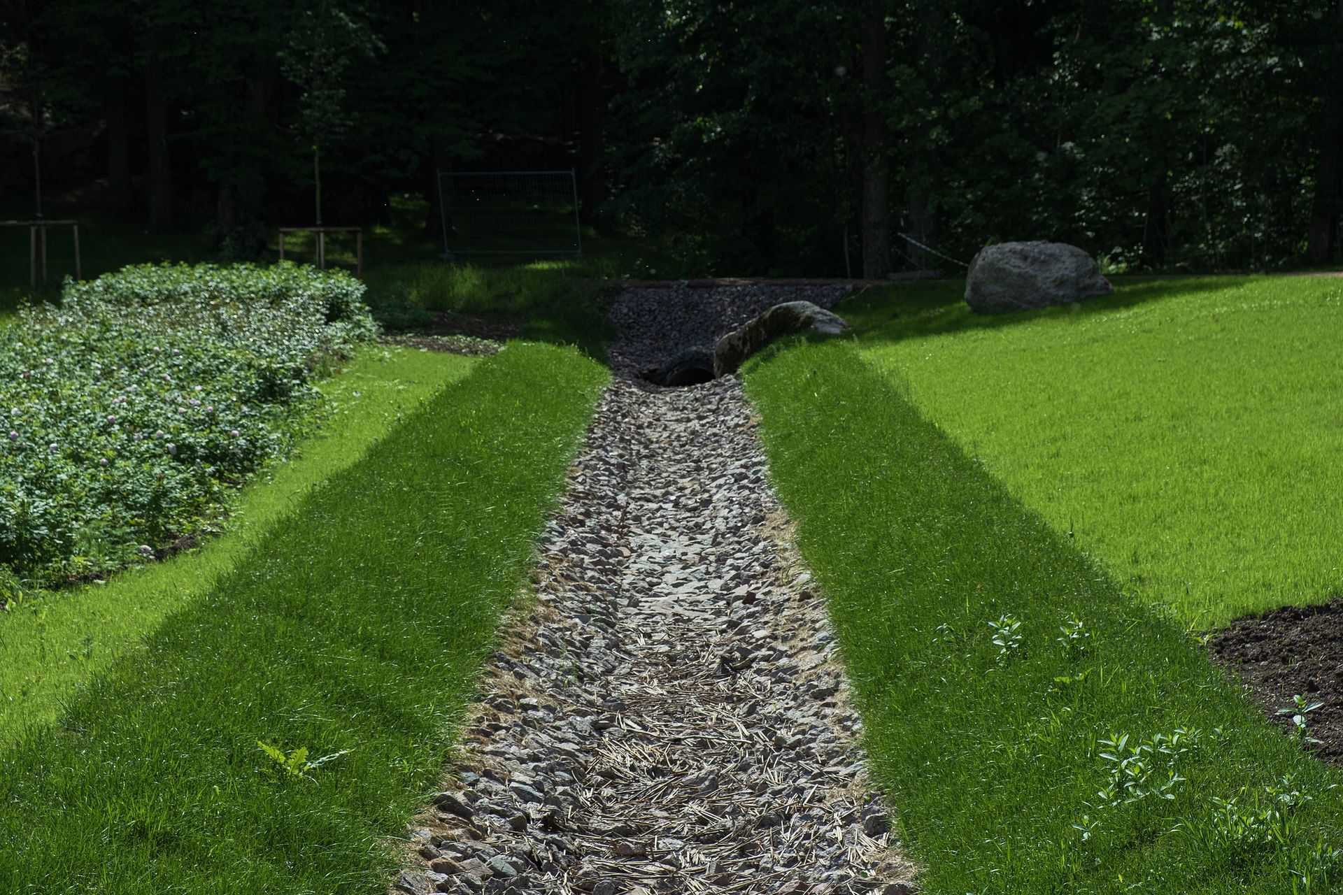 Gravel path through bright green landscaped slopes leading to dark rocks and trees