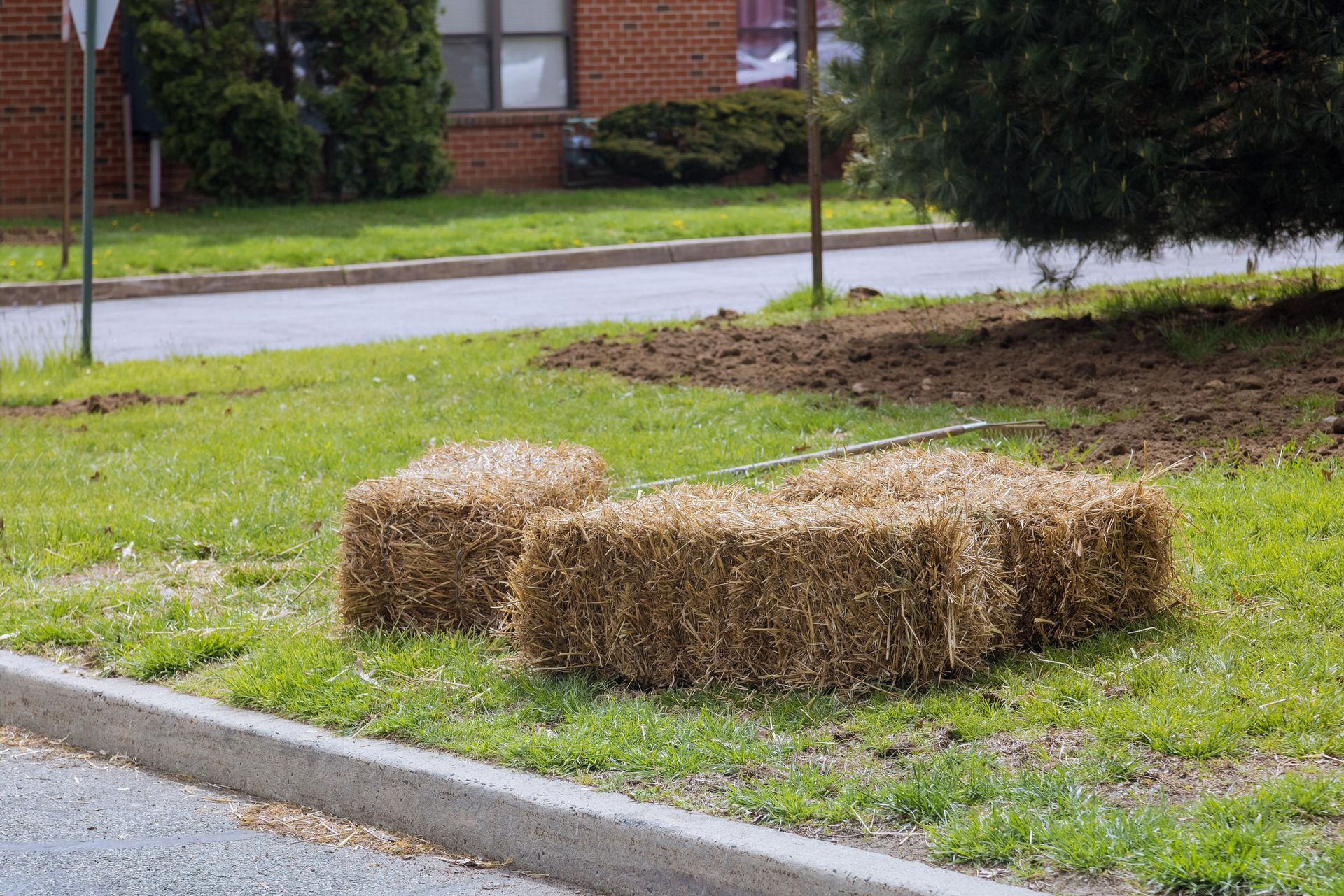 Two hay bales on a grassy roadside near a curb and brick building.