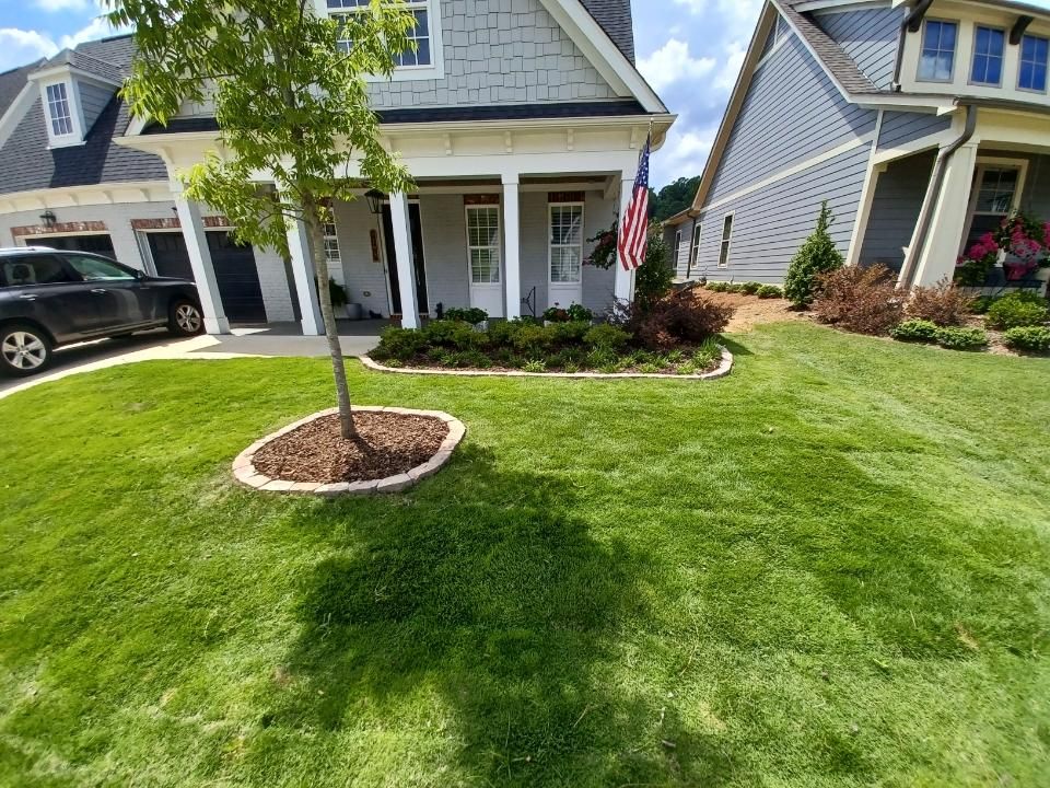 Suburban house with a green lawn, small tree, and driveway under a blue sky