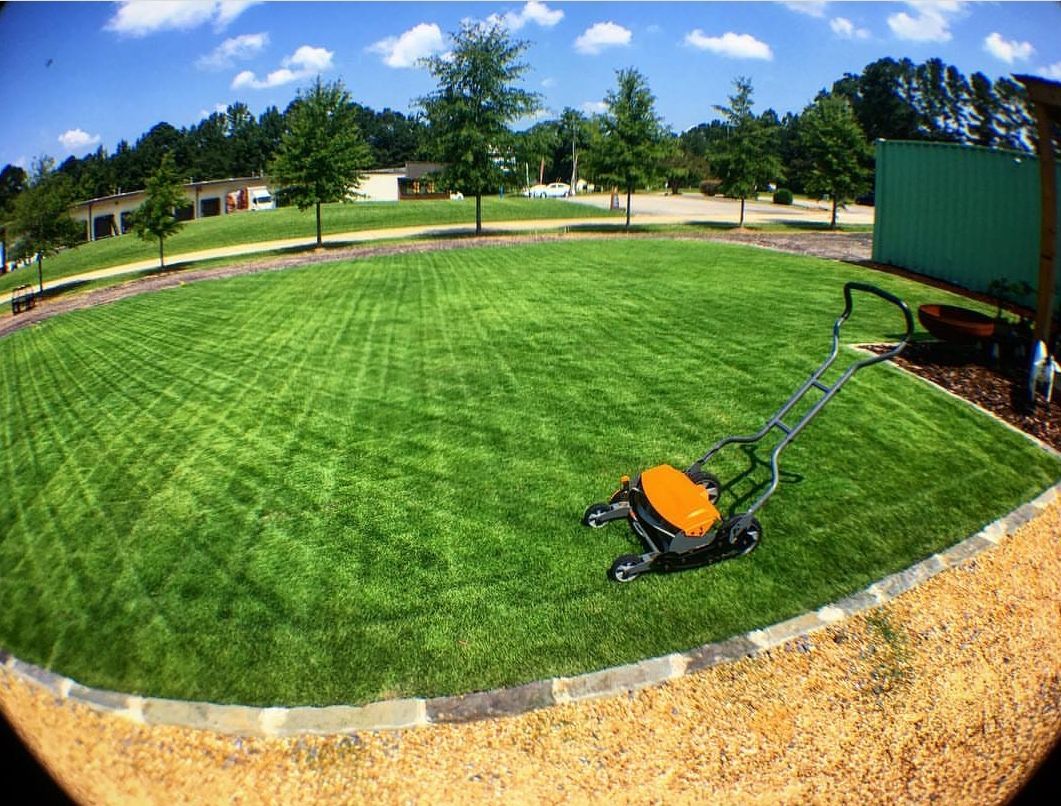 Orange lawn mower on a freshly mowed green lawn in a sunny backyard