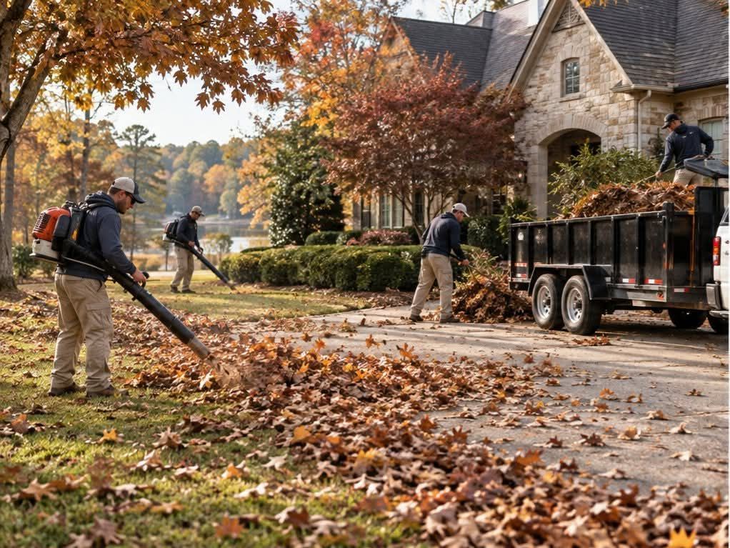 Workers raking autumn leaves along a suburban street beside a truck and stone house