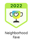 Neighborhood Fave award badge, green and white. Trophy icon with heart, 2022.