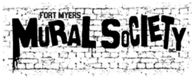 Fort Myers Murals Society logo in bold black text on a white brick wall background