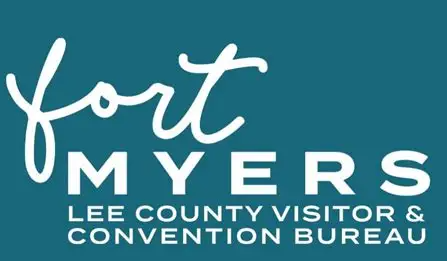 Fort Myers Lee County Visitor & Convention Bureau logo in white and teal on a light blue background