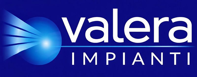 Logo per Valera Impianti, caratterizzato da una sfumatura blu con una sfera che emette luce bianca, testo bianco.