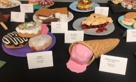 Display of realistic-looking food replicas: donuts, pie, ice cream cone, other desserts.