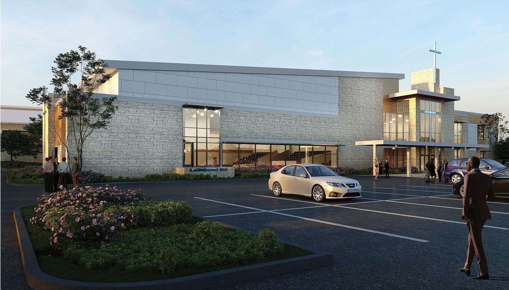 A rendering of a building with a light stone facade, parking lot, and people.