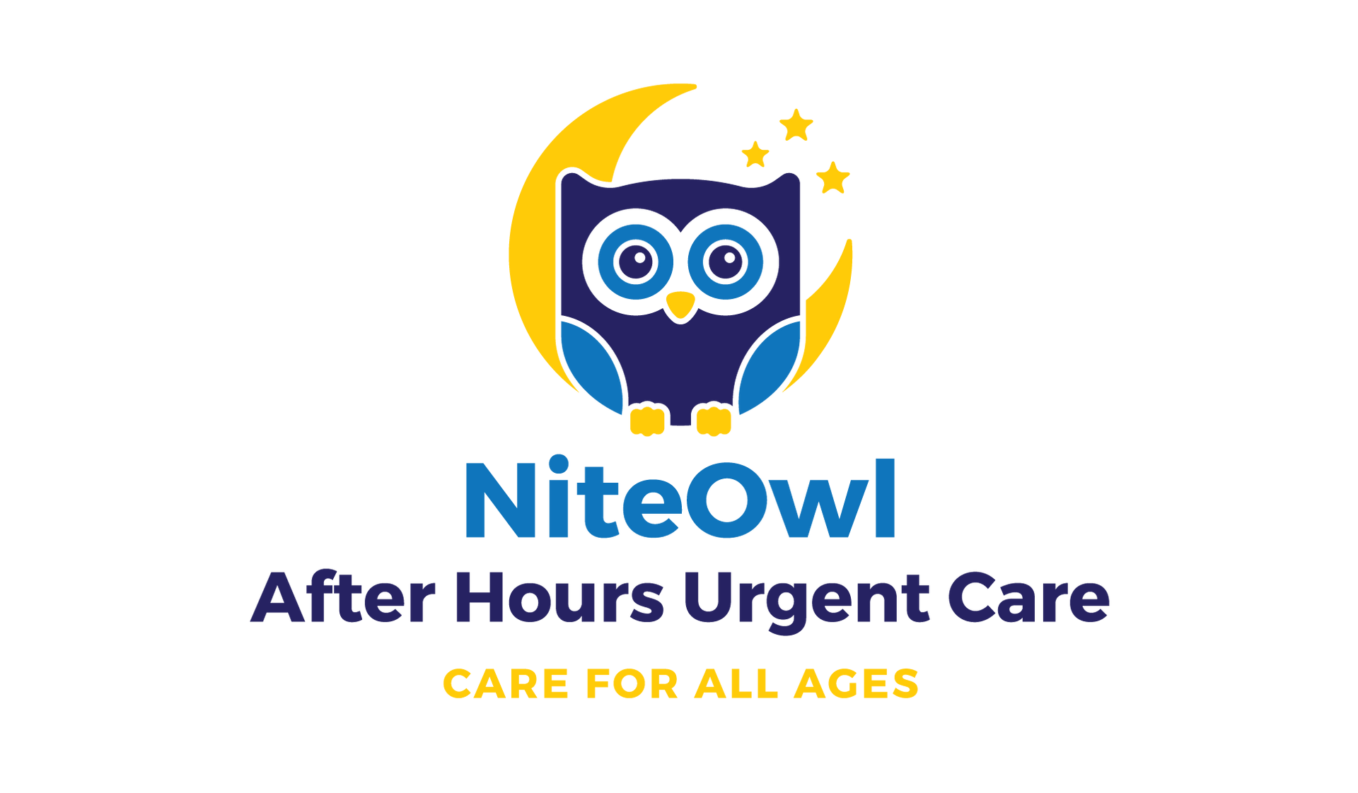 Logo for NiteOwl After Hours Urgent Care: blue owl in front of a yellow moon, with text 