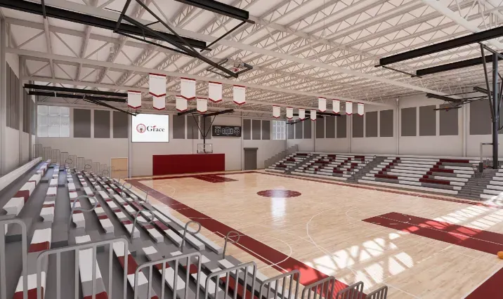 Basketball court with bleachers. Interior of a school gym with red and white details. 
