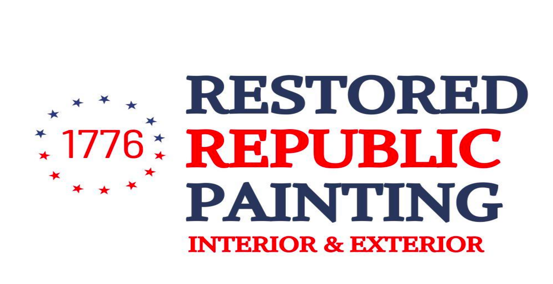 Logo for Restored Republic Painting: navy blue and red text, with a circle of stars and 