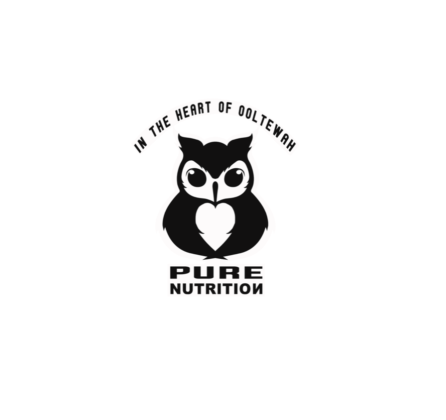 Logo for Pure Nutrition: owl with heart in the center, 