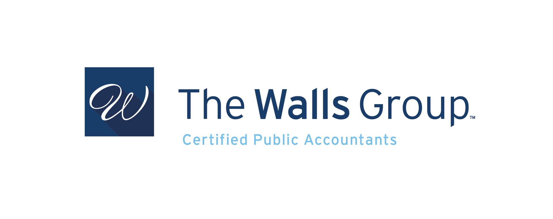 Logo for The Walls Group, Certified Public Accountants. Dark blue square with stylized 