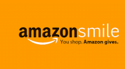 AmazonSmile logo: Black text on orange background with a smiling underline and the tagline, 