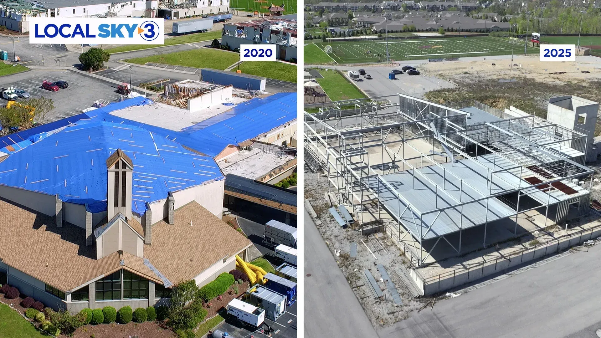 Comparison: Church in 2020 versus a metal framework structure in 2023, both with construction activity.