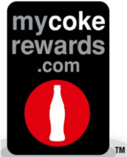 Logo for MyCokeRewards website; black background with white text and red circle with white Coke bottle.