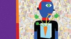 Blue figure with one eye eating a carrot with leaves, against a background of layered patterns.