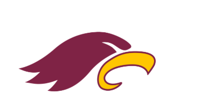 Eagle head in maroon and gold.