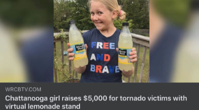 Girl holding lemonade bottles, raising $5,000 for tornado victims via a virtual lemonade stand in Chattanooga.