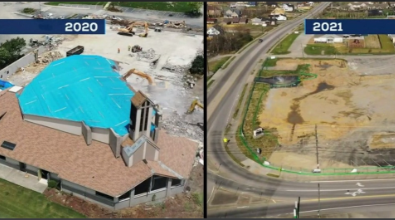 Aerial views show the demolition of a church in 2020 and the cleared lot in 2021, next to a road.