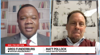 Two men in a split screen: Greg Funderburg, a news anchor, interviews Matt Pollock of Grace Baptist Academy.
