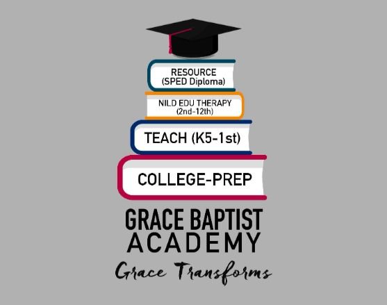 Stacked books with text for Grace Baptist Academy programs: College Prep, Teach, Therapy, Resource/Diploma, and graduation cap.