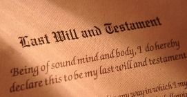 Close-up of a Last Will and Testament document with declaration text in an aged paper style.