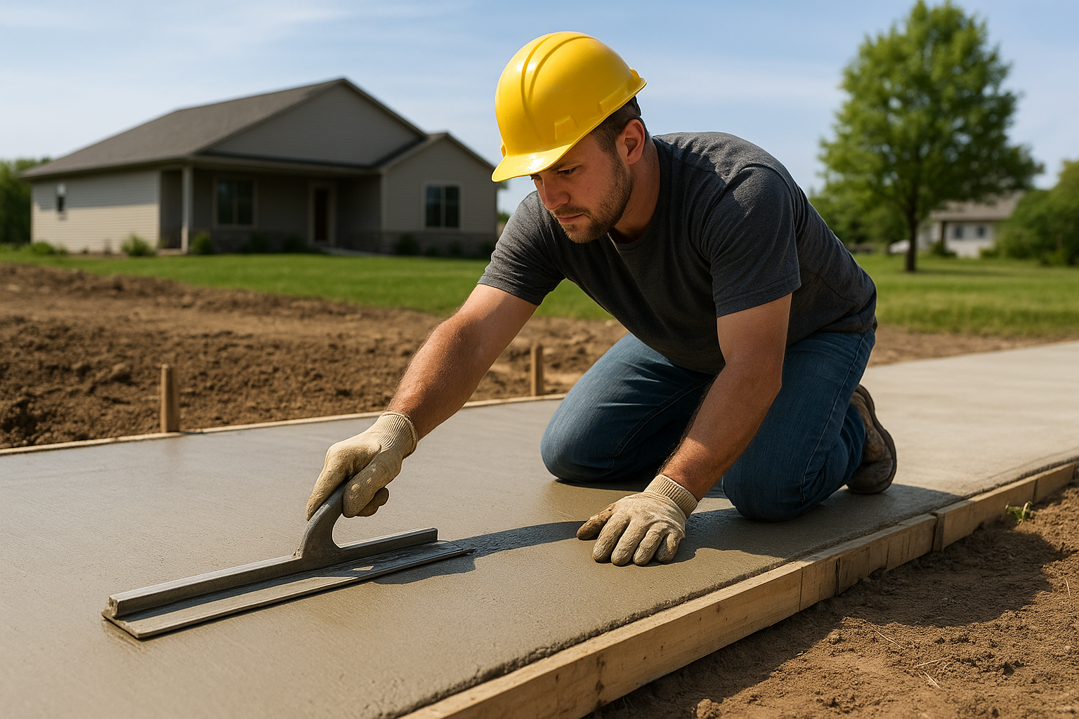 A construction worker in a hard hat kneeling on a concrete path while smoothing the surface with a trowel.