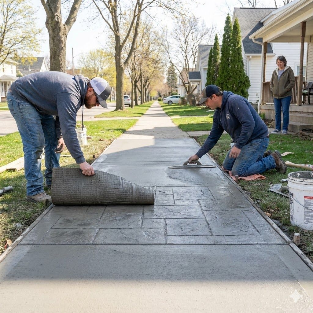 Two workers install stamped concrete on a residential sidewalk while a third person stands on a porch nearby.