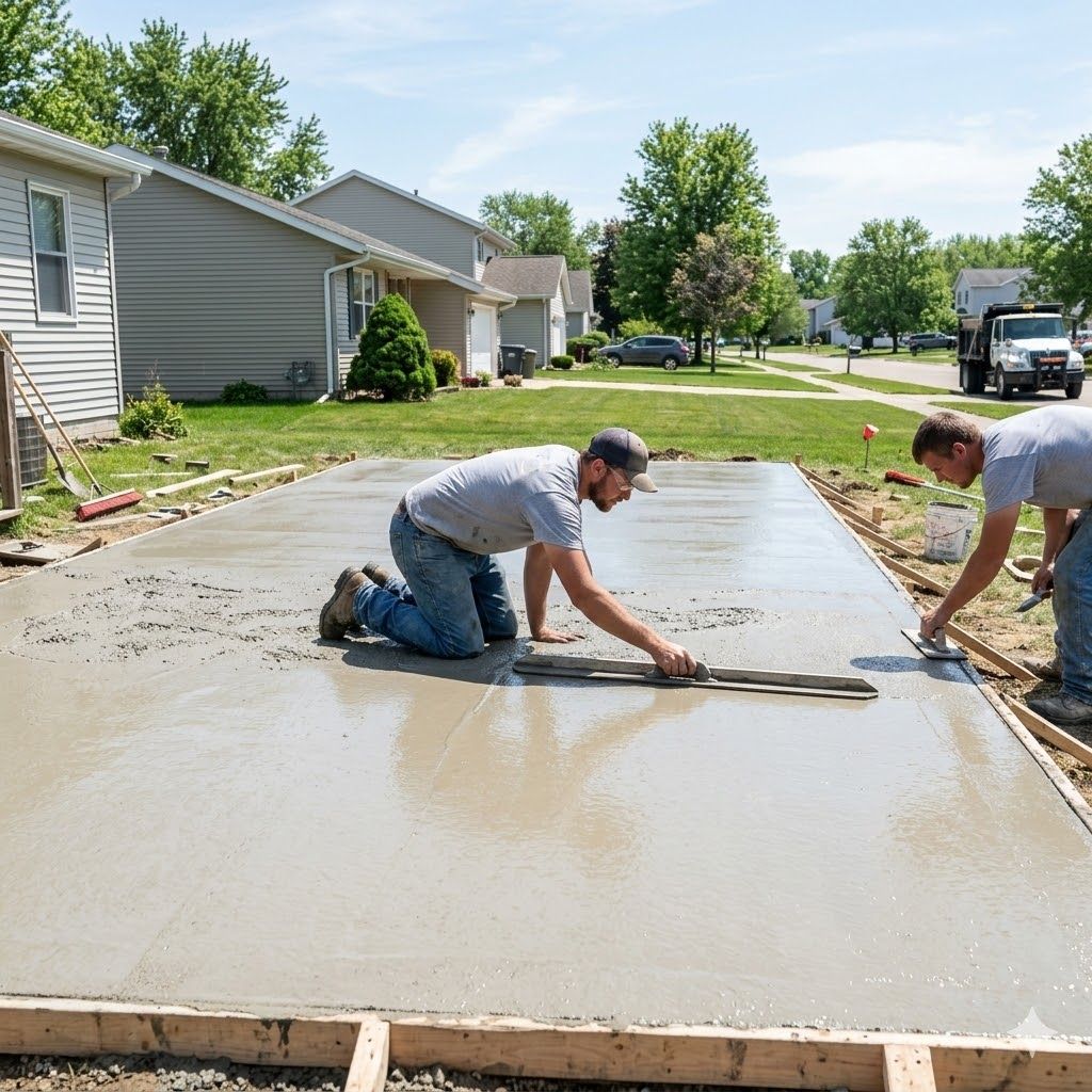 Two people in work clothes use long trowels to smooth wet concrete for a new driveway outside suburban houses.
