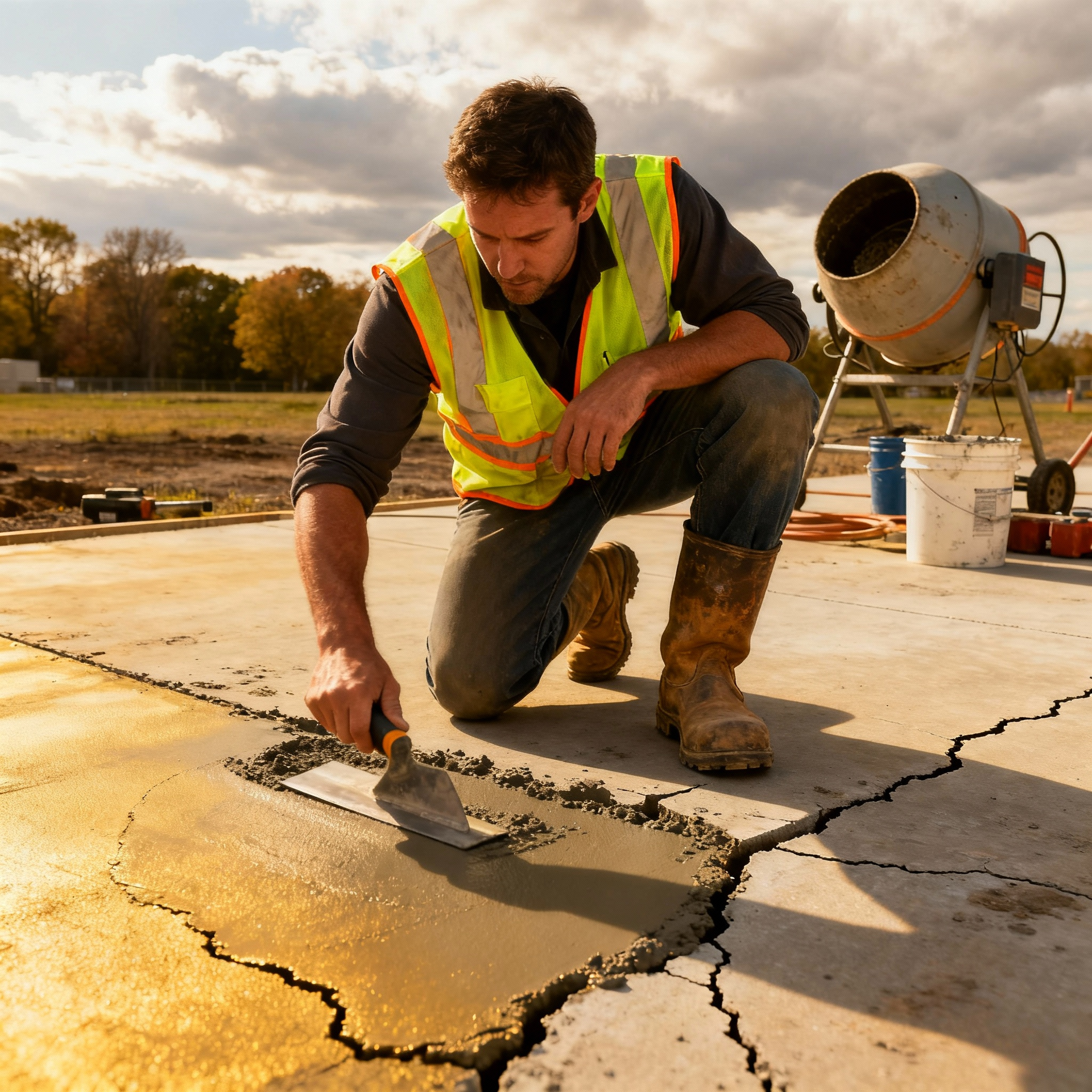 A person in a high-visibility vest kneels on a concrete slab, using a trowel to smooth wet filler into a crack.