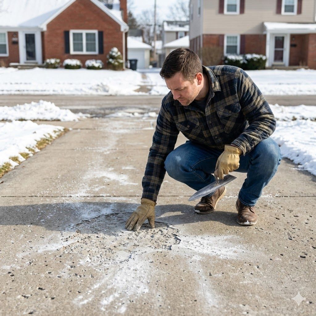 A person wearing work gloves kneels on a snowy driveway, using a trowel to repair a patch of damaged concrete.