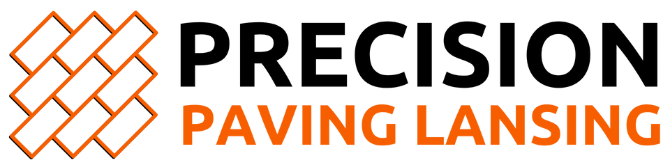 A logo for precision paving lansing with a brick pattern