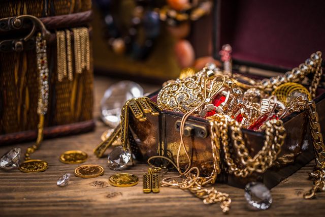 Treasure chests overflowing with gold jewelry and gemstones on a wooden surface.