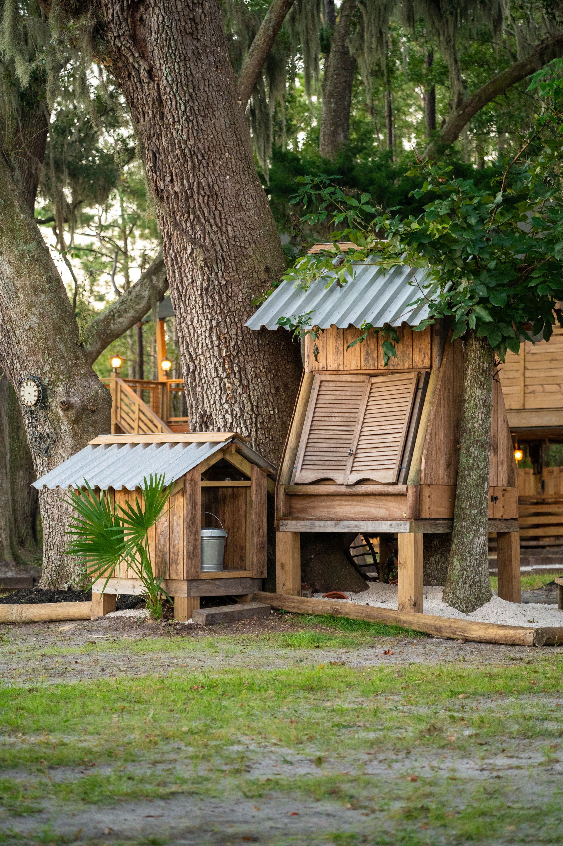 Wooden structures with metal roofs built around trees. One has a wooden ladder and a water bucket.