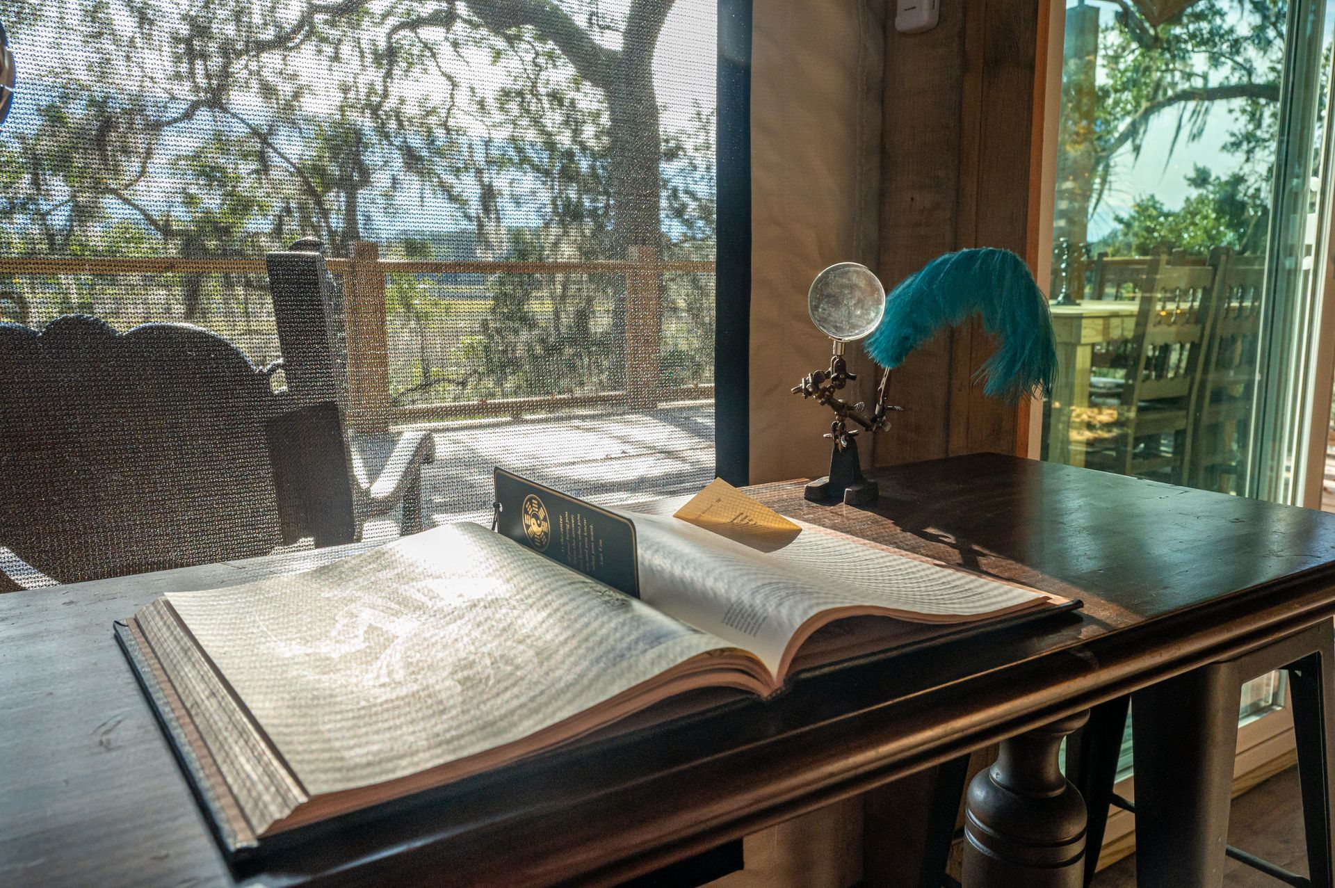 Wooden desk with open book, pen, and magnifying glass near window overlooking trees.
