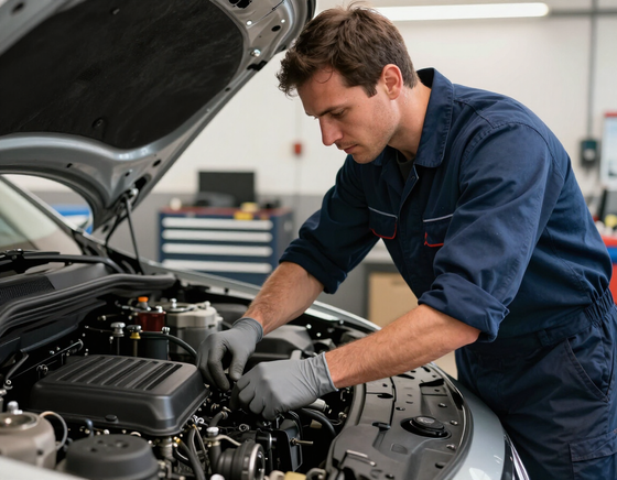 Technician carrying out a routine under-bonnet service