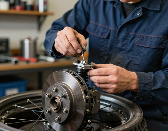 Technician repairing a brake or suspension component