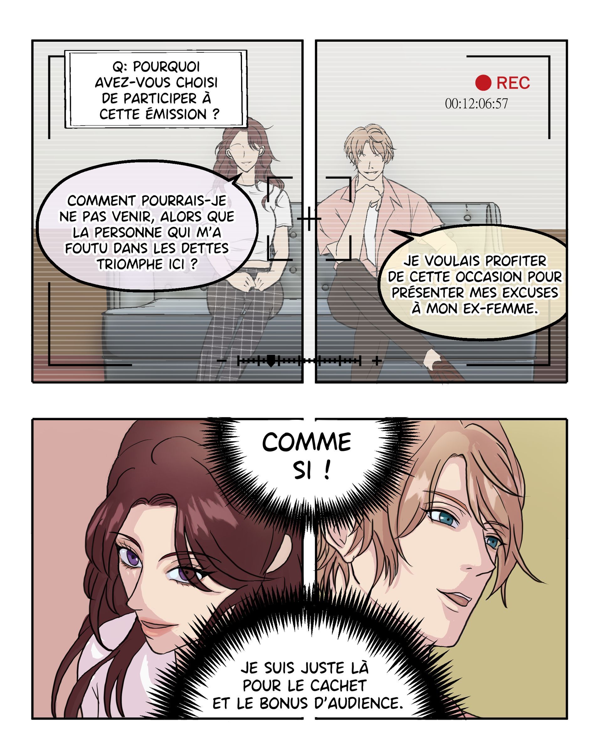 漫畫書中，一個男人和一個女人正在互相交談。