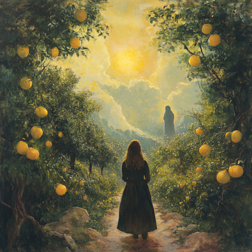 A painting of a woman walking through an orchard of lemon trees