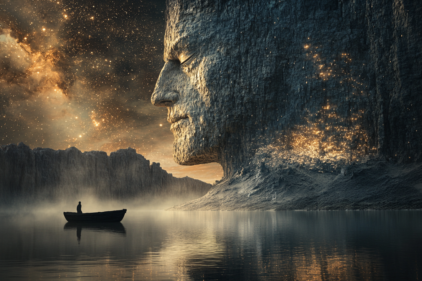 A man in a boat on a lake with a statue of a face in the background.