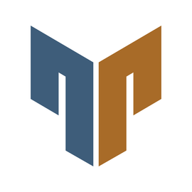 Blue and brown abstract logo of three connected geometric shapes.