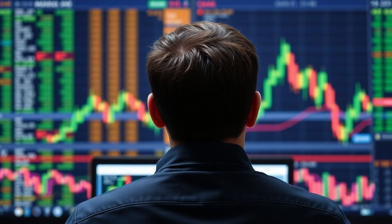 A man sitting in front of a laptop, engaged in stock market trading.