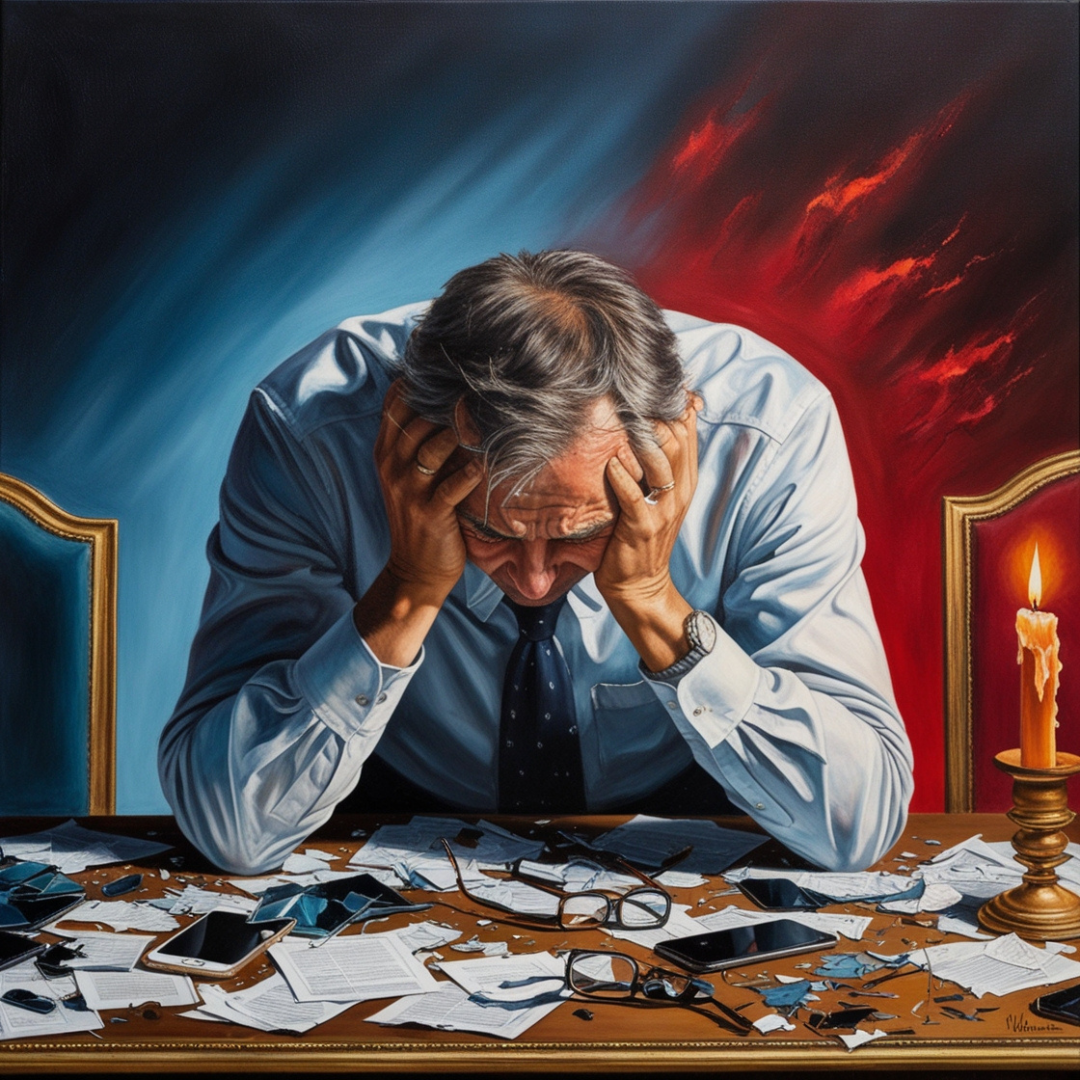 A distressed man sitting at his desk reflecting on a recent stock market crash.