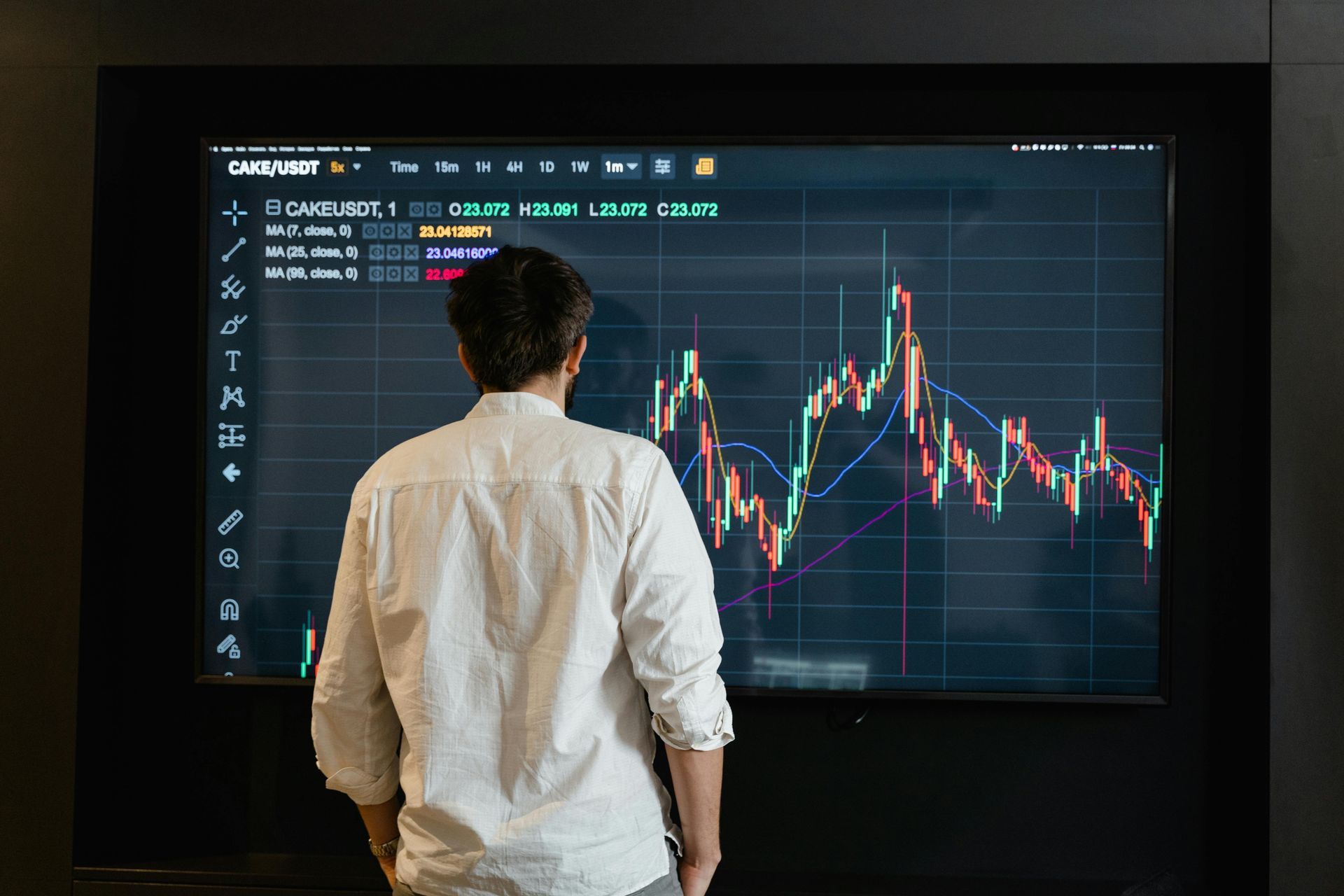 Man staring at a stock chart on a television