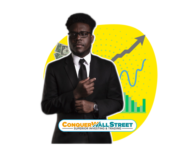 Image of a handsome businessman promoting Conquer Wall Street's stock and crypto trading systems.