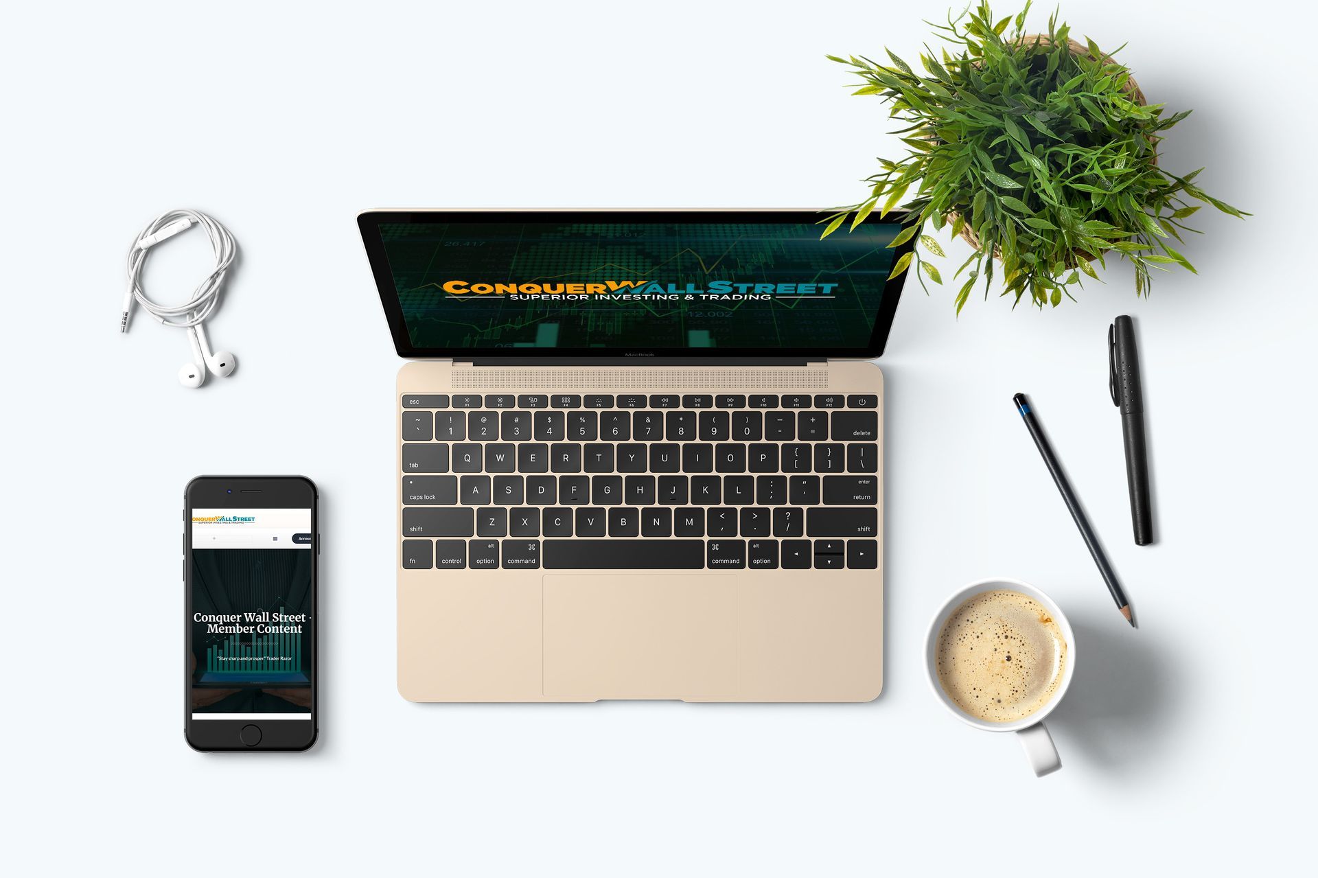 Image of laptop and cellphone with the Conquer Wall Street logo displayed