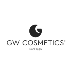 GW Cosmetics-Logo mit schwarzem, kreisförmigem Emblem und dem Schriftzug „Since 1930“ auf weißem Hintergrund
